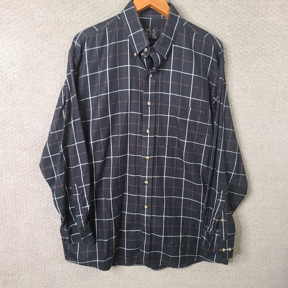 Jos A Bank Shirt Mens L Black Brown Plaid Button Down Traveler Collection Cotton